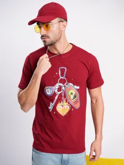 Bene Kleed - Men Cotton Lycra Graphic Print Maroon T-Shirt