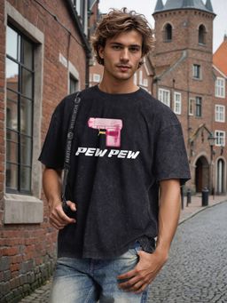 Bene Kleed - Men Acid Wash Graphic Print Oversize Black T-Shirt