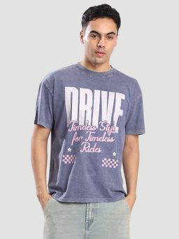 Bene Kleed - Men Over Size Drop Shoulder Acid wash Graphic Indigo T-Shirt