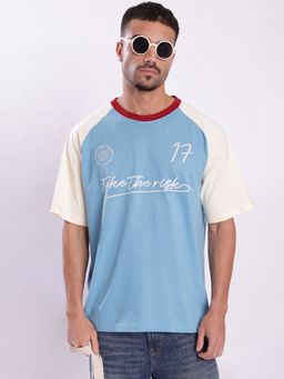 Bene Kleed - Men Raglan Sleeve Typography Oversize Blue T-Shirt