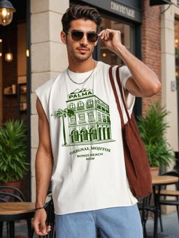 Bene Kleed - Men Sleeveless Graphic Oversized Off White T-Shirt