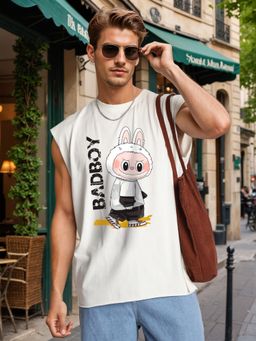 Bene Kleed - Men Sleeveless Graphic Oversized Off White T-Shirt
