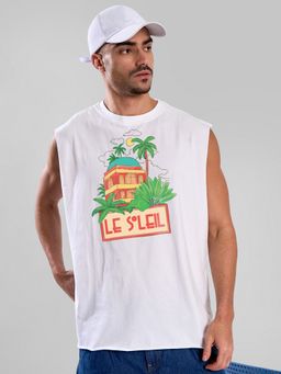 Bene Kleed - Men Sleeveless Graphic Print Oversize White T-Shirt