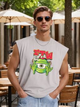 Bene Kleed - Men Sleeveless Graphic Print Oversized Grey T-Shirt