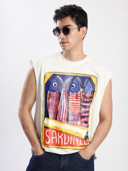 Bene Kleed - Men Sleeveless Graphic Oversized Beige T-Shirt