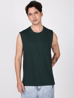 Bene Kleed - Men Solid Cotton Relax Fit Sleeveless Green T-Shirt