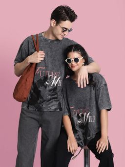 Bene Kleed - Unisex Oversize Graphic Print Washed Charcoal T-Shirt