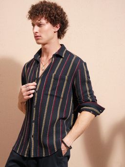 HIGHLANDER - Striped Cutaway Collar Casual Navy Blue Cotton Shirt