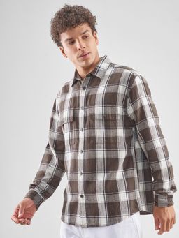 HIGHLANDER - Tartan Checks Checked Spread Collar Pure Cotton Brown Shirt