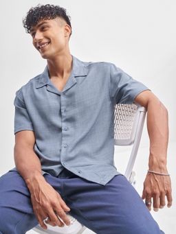 HIGHLANDER - Men Cuban Collar Casual Blue Shirt