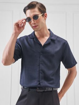 HIGHLANDER - Men Cuban Collar Cotton Linen Navy Blue Casual Shirt