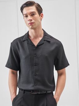 HIGHLANDER - Men Cuban Collar Pure Cotton Black Casual Shirt