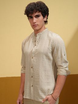 HIGHLANDER - Men Band Collar Textured Casual Beige Shirt