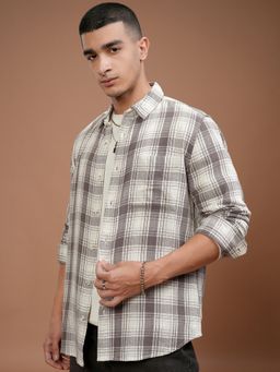 HIGHLANDER - Men Spread Collar Tartan Checked Cotton Grey Casual Shirt