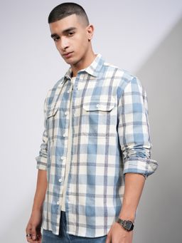 HIGHLANDER - Men Relaxed Fit Tartan Checked Cotton Blue Casual Shirt