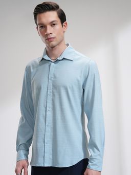 HIGHLANDER - Men Spread Collar Textured Cotton Blue Casual Shirt