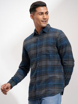 HIGHLANDER - Men Flannel Checked Casual Navy Blue Shirt
