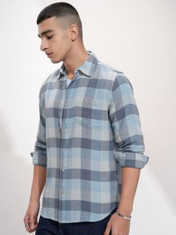 HIGHLANDER - Men Spread Collar Buffalo Checked Cotton Casual Blue Shirt
