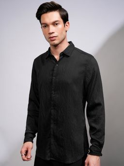 HIGHLANDER - Men Jacquard Textured Black Casual Shirt