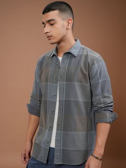 HIGHLANDER - Men Checked Slim Fit Casual Grey Shirt