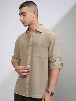 HIGHLANDER - Men Relaxed Fit Spread Collar Vertical Striped Cotton Beige Shirt