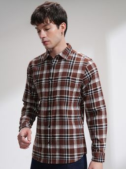 HIGHLANDER - Men Flannel Checked Casual Slim Fit Brown Shirt