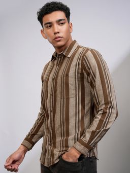 HIGHLANDER - Men Flannel Striped Casual Brown Shirt