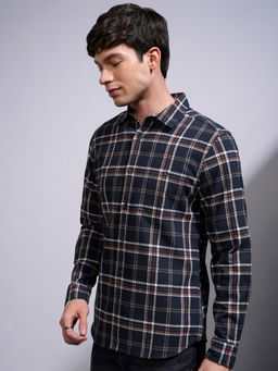 HIGHLANDER - Men Flannel Checked Casual Navy Blue Shirt
