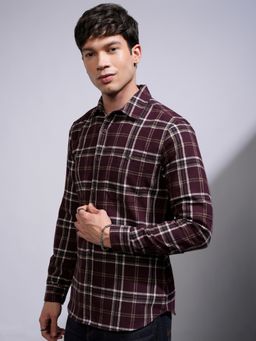 HIGHLANDER - Men Flannel Checked Casual Maroon Shirt