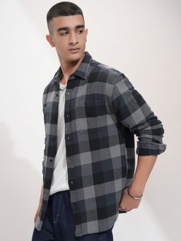 HIGHLANDER - Men Flannel Check Relaxed Casual Grey Shirt