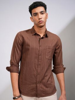 HIGHLANDER - Men Spread Collar Textured Cotton Casual Rust Shirt