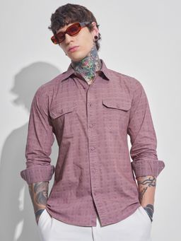 HIGHLANDER - Men Slim Fit Textured Spread Collar Casual Purple Shirt