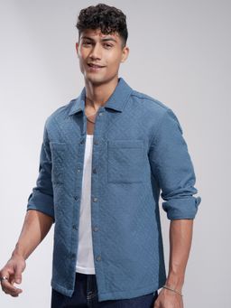 HIGHLANDER - Men Opaque Casual Textured Blue Shirt