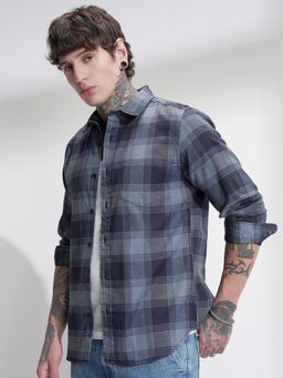 HIGHLANDER - Men Tartan Checked Spread Collar Regular Fit Navy Blue Shirt