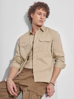 HIGHLANDER - Men Relaxed Fit Self Design Dobby Weave Casual Beige Shirt