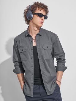 HIGHLANDER - Men Relaxed Fit Self Design Dobby Weave Casual Charcoal Shirt