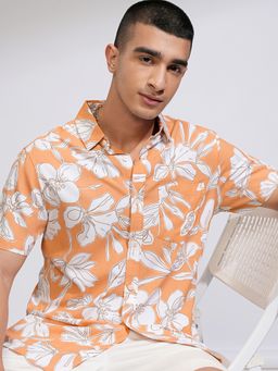 HIGHLANDER - Men Printed Casual Floral Orange Shirt