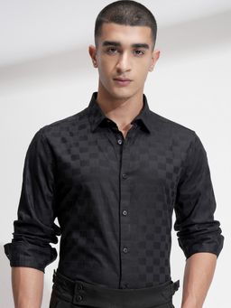HIGHLANDER - Men Textured Spread Collar Cotton Casual Black Shirt