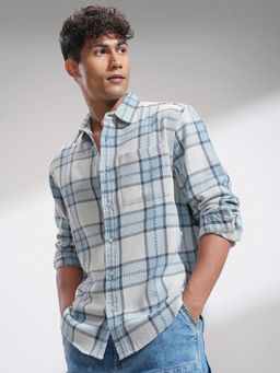 HIGHLANDER - Men Relaxed Fit Spread Collar Tartan Checked Cotton Blue Shirt