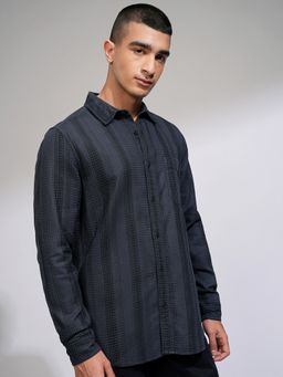 HIGHLANDER - Men Dobby Striped Checked Casual Charcoal Shirt