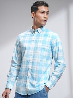 HIGHLANDER - Men Button-Down Collar Checked Cotton Casual Blue Shirt