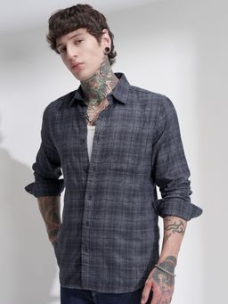 HIGHLANDER - Men Checked Spread Collar Casual Regular Fit Grey Shirt