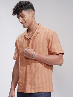 HIGHLANDER - Men Horizontal Stripes Opaque Striped Casual Rust Shirt