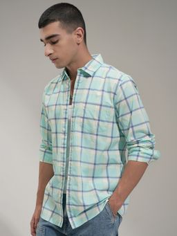 HIGHLANDER - Men Slim Fit Checked Casual Cotton Green Shirt