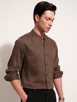 HIGHLANDER - Men Slim Fit Textured Band Collar Casual Brown Shirt