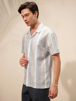HIGHLANDER - Men Vertical Stripes Grey Cotton Relaxed Fit Shirt