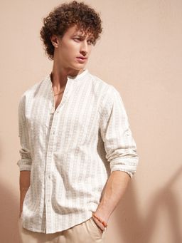 HIGHLANDER - Men Relaxed Fit Vertical Striped Band Collar Cotton Cream Shirt