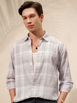 HIGHLANDER - Men's Cream Checked Spread Collar Cotton Casual Shirt