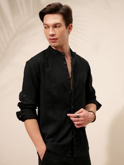 HIGHLANDER - Men's Black Textured Mandarin Collar Cotton Casual Shirt