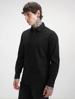 HIGHLANDER - Men's Black Slim Fit Textured Spread Collar Cotton Casual Shirt